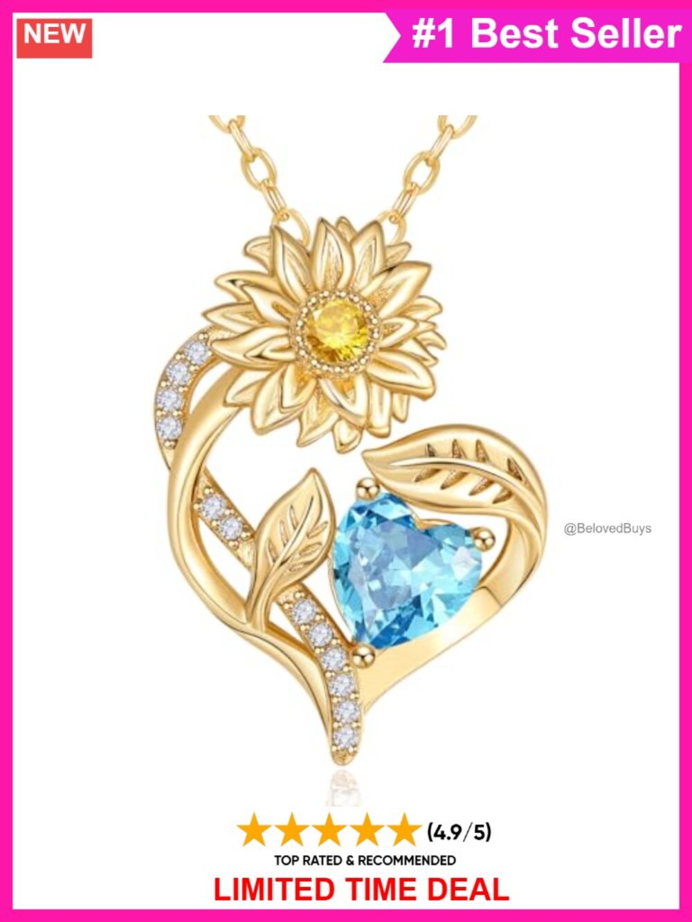 18K Gold Plated Aquamarine Heart Pendant Necklace for Women